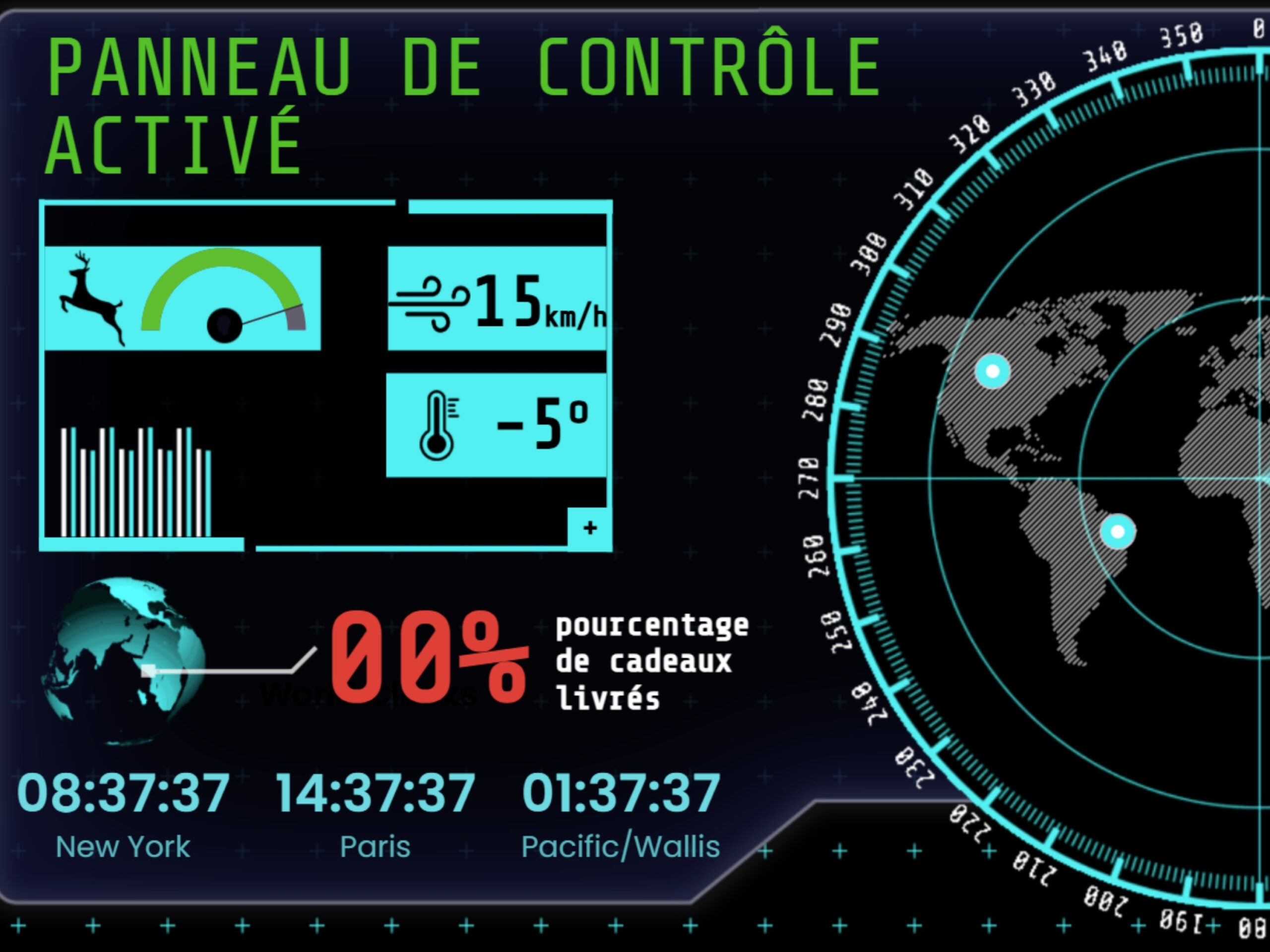 élément numérique intégré à l'escape game à imprimer montrant le panneau de contrôle du traîneau du Père Noël et correspondant à une des énigmes de l'escape game calendrier de l’Avent