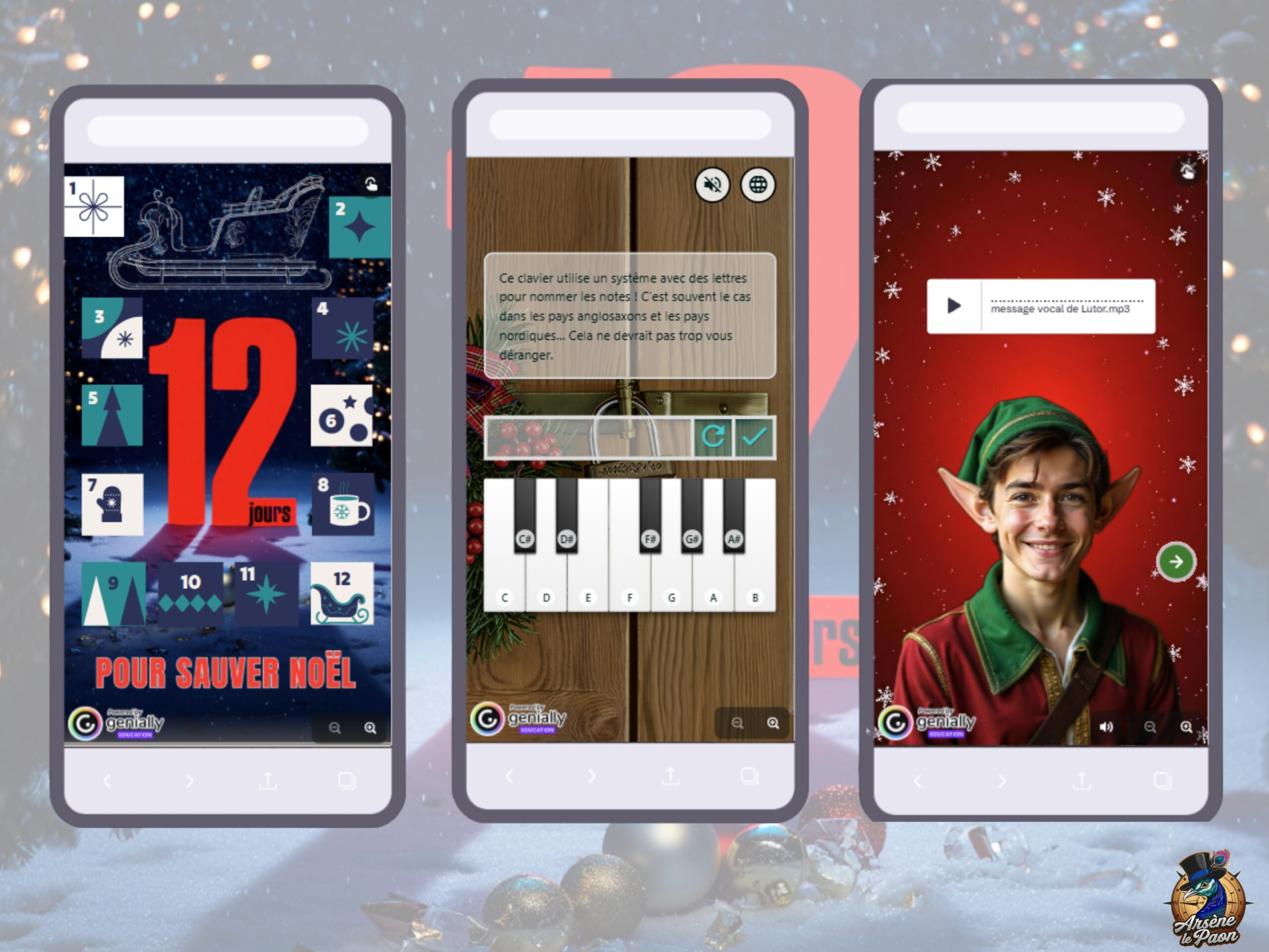 screenshots des éléments numériques de l'escape game calendrier de l’Avent à imprimer pour enfants à partir de 7 ou 8 ans avec énigmes quotidiennes jusqu'à Noël