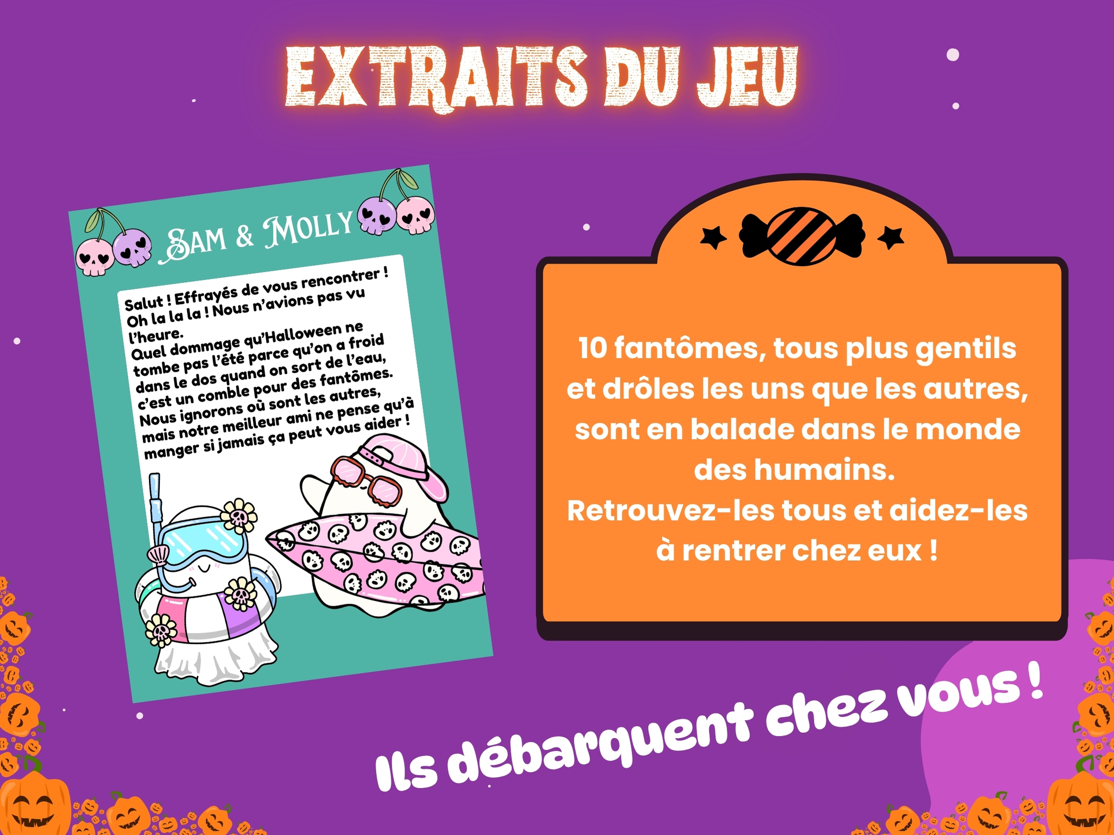 Aperçu du jeu de piste Halloween avec carte de jeu illustrée présentant deux des gentils fantômes à retrouver